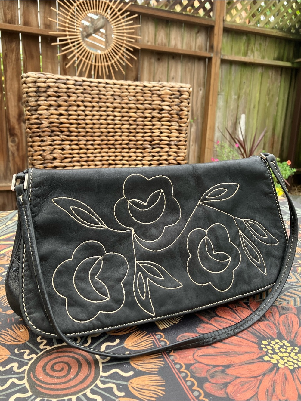 DESMO Vintage Black Shoulder Bag with Floral Embroidery
